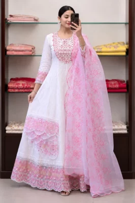 Women’s White & Pink Embroidered Anarkali Suit Set