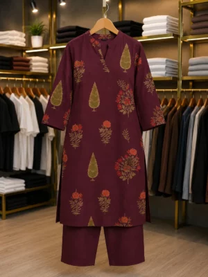 Women’s Traditional Maroon Cotton Kurti Pant Set