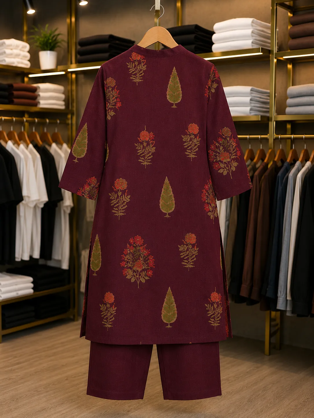 Women’s Traditional Maroon Cotton Kurti Pant Set - Image 2