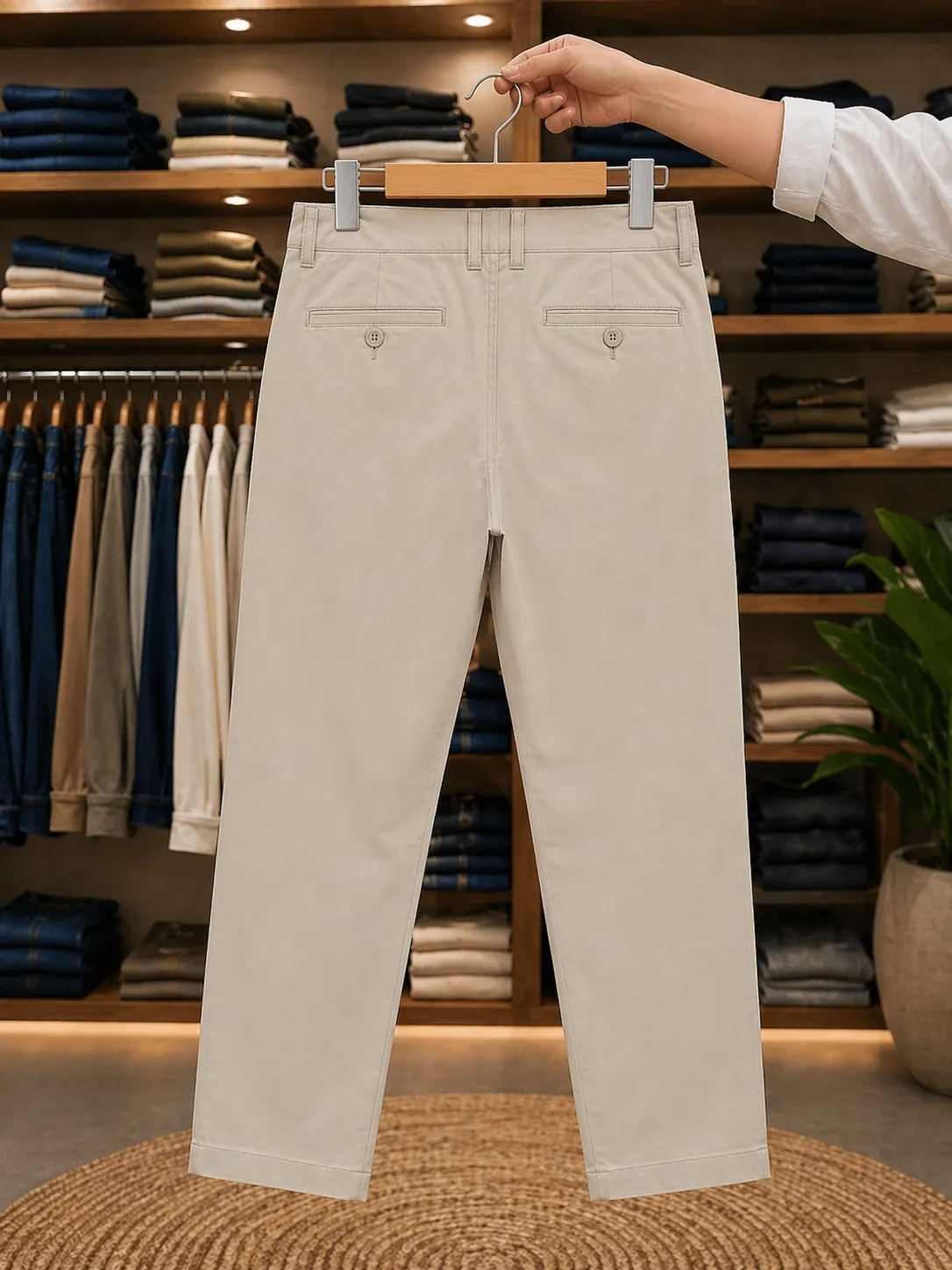 Men’s Classic Casual Trousers – Beige Solid Slim Fit Pants - Image 2