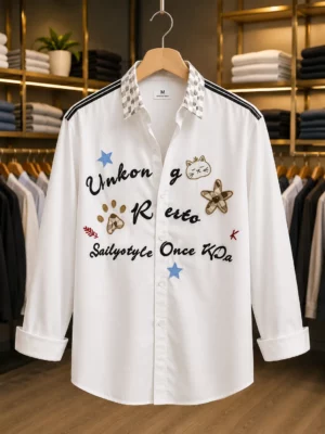 Men’s Premium White Graphic Printed Shirt – Full Sleeve Trendy Casual Wear