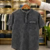 Men’s Slim Fit Dark Grey Printed T-Shirt – Button Neck Style