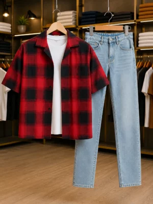 Men’s Red Casual Shirt with Blue Denim Jeans37
