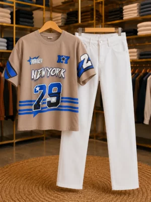 Men’s Everyday Wear T-Shirt with White Jeans Set89